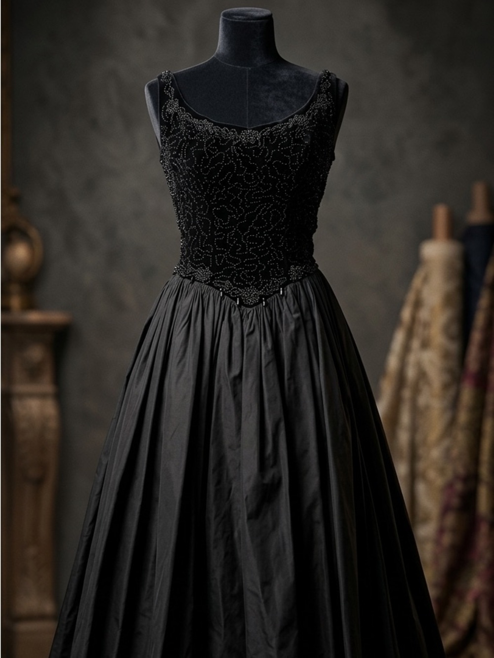 Gothic glam Black Velvet taffeta Midi Dress Whimsigoth Beaded Basque waist XS/S - Picture 1 of 10